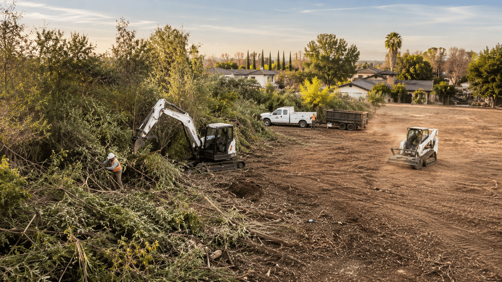 Heavy equipment clearing brush and trees from a lot