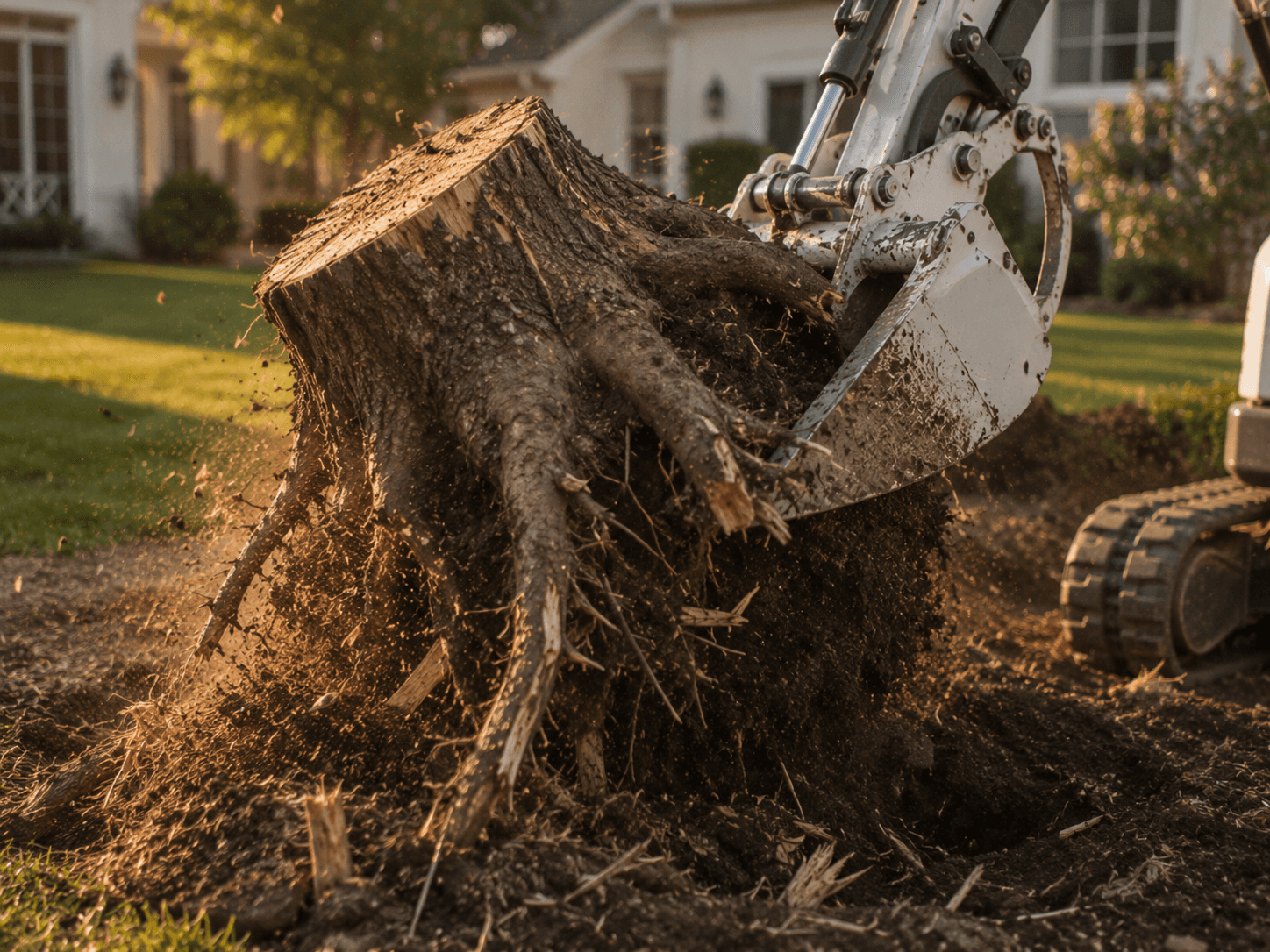 Excavator removing a tree stump from a front yard