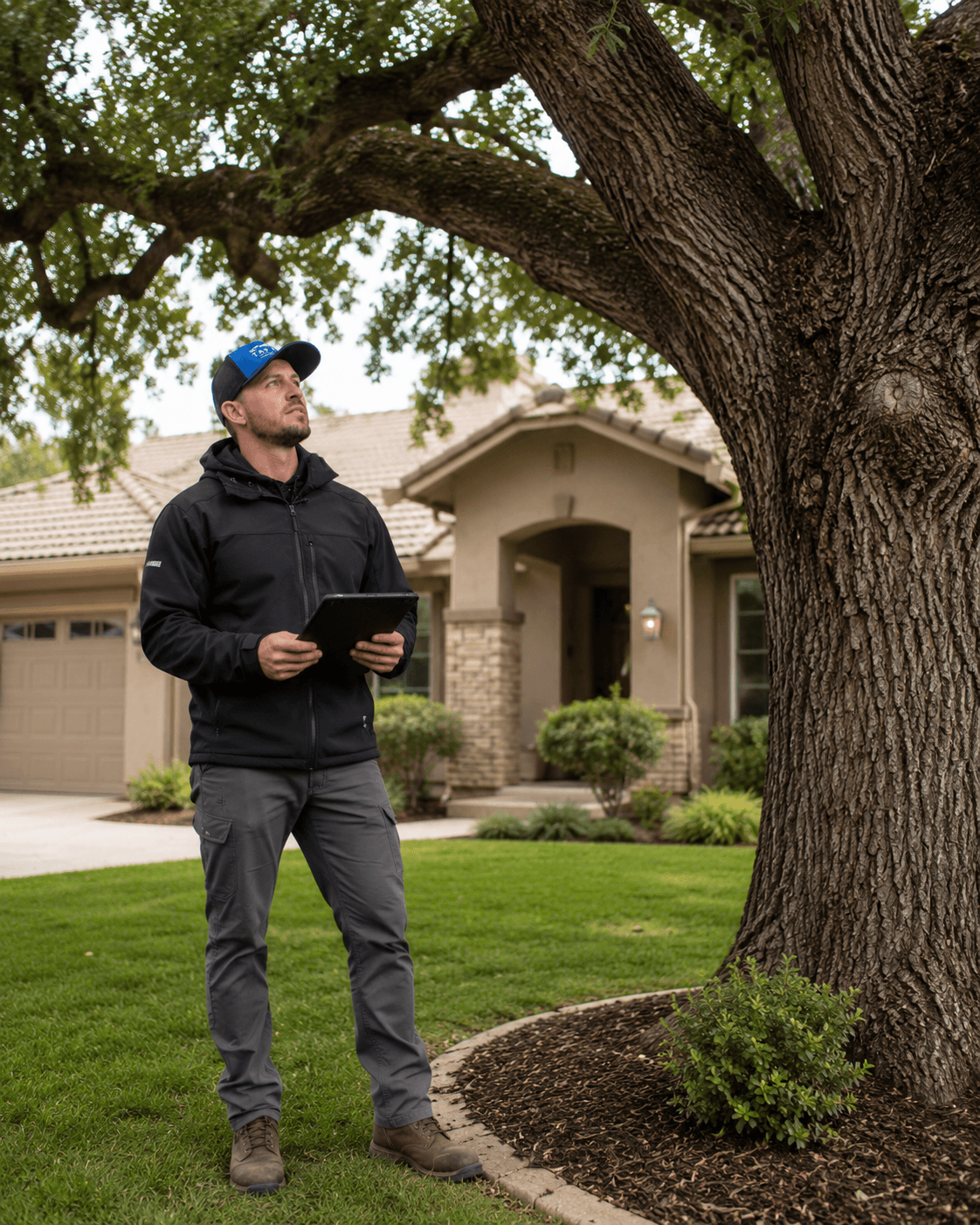 ISA Certified Arborist assessing a tree with a tablet